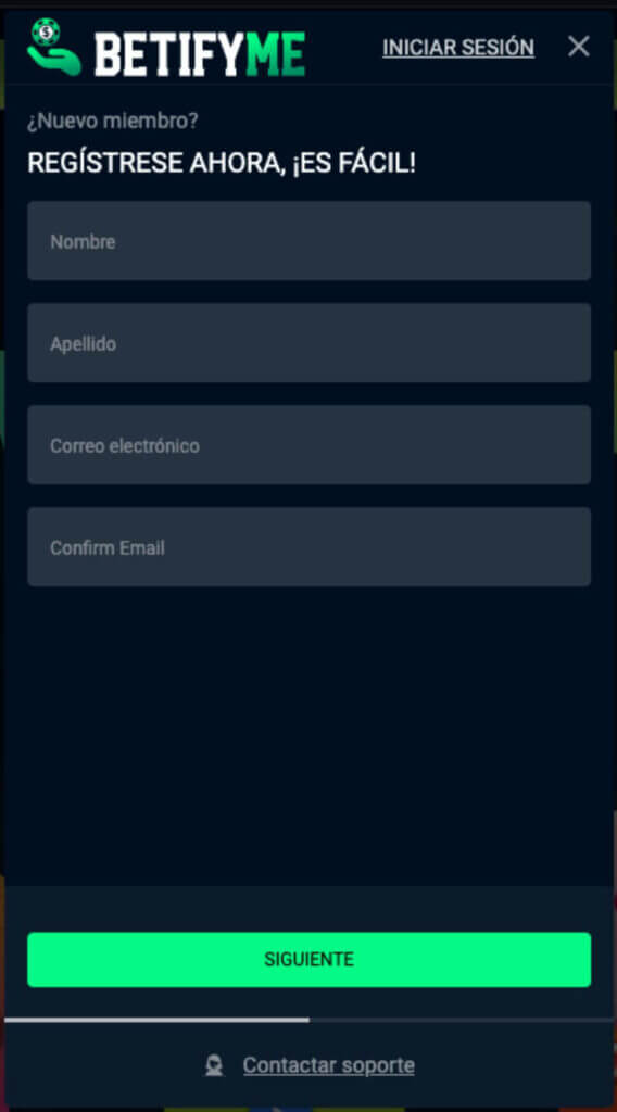 Primer paso del registro en BetifyMe casino