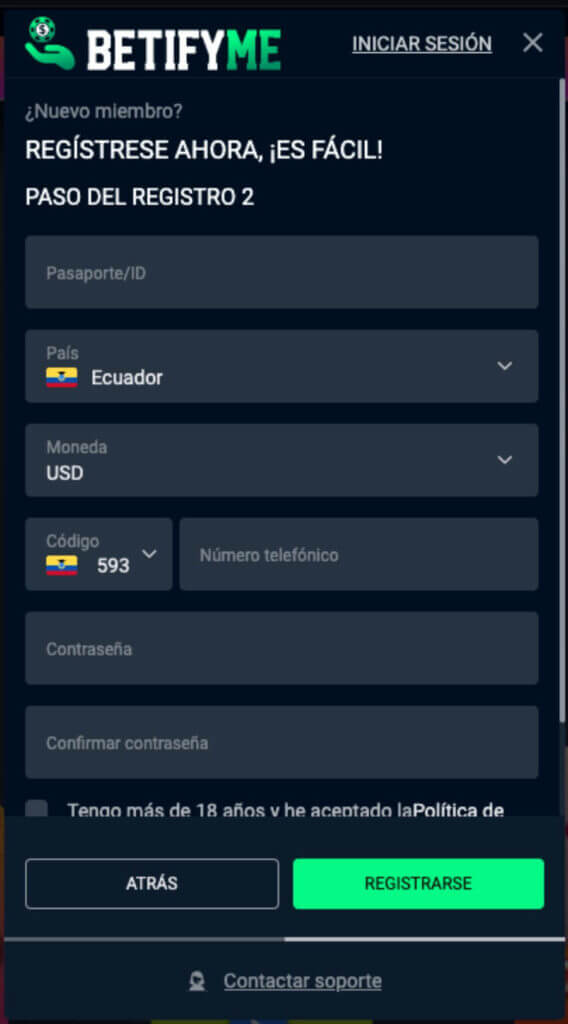 Segundo paso del registro en BetifyMe casino